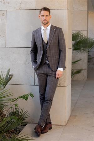 Morven Erkek KAHVE Poliviskon Trend Yelekli Ekoseli Slim Fit  Sivri Yaka Takım Elbise
