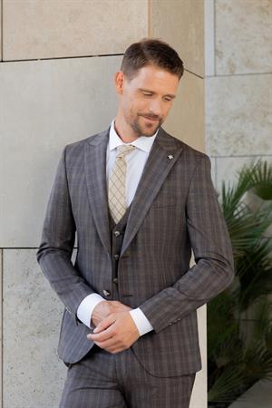 Morven Erkek KAHVE Poliviskon Trend Yelekli Ekoseli Slim Fit  Sivri Yaka Takım Elbise