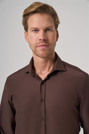 Morven Erkek KAHVE Trend Düz Slim Fit Tam İtalyan Yaka Gömlek