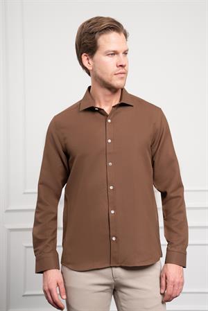 Morven Erkek KAHVE Trend İtalyan Yaka  Slim Fit Dar Kesim Gömlek