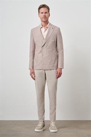 Morven Erkek Kiremit Keten Kruvaze Desenli Slim Fit Sivri Yaka Ceket