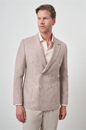 Morven Erkek Kiremit Keten Kruvaze Desenli Slim Fit Sivri Yaka Ceket