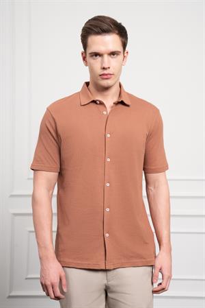 Morven Erkek Kiremit Trend Apaçi Yaka Dynamic Fit Kısa Kollu Gömlek