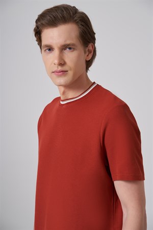 Morven Erkek Kiremit Trend Düz Penye  Bisiklet Yaka T-shirt