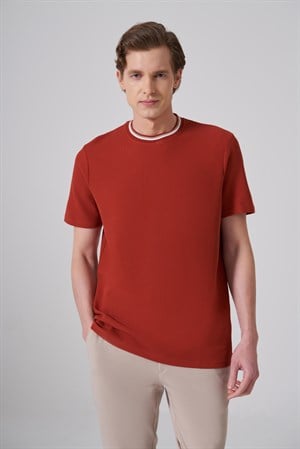 Morven Erkek Kiremit Trend Düz Penye  Bisiklet Yaka T-shirt