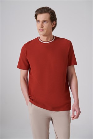 Morven Erkek Kiremit Trend Düz Penye  Bisiklet Yaka T-shirt