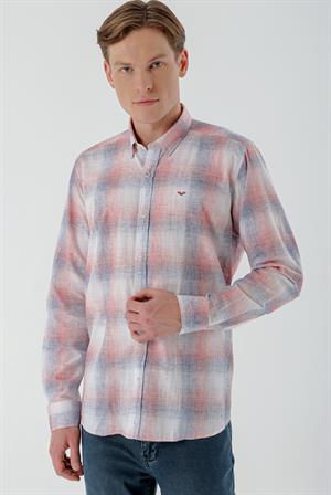 Morven Erkek Kırmızı Keten Kareli Regular Fit Gömlek