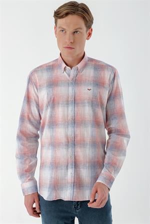 Morven Erkek Kırmızı Keten Kareli Regular Fit Gömlek