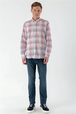 Morven Erkek Kırmızı Keten Kareli Regular Fit Gömlek