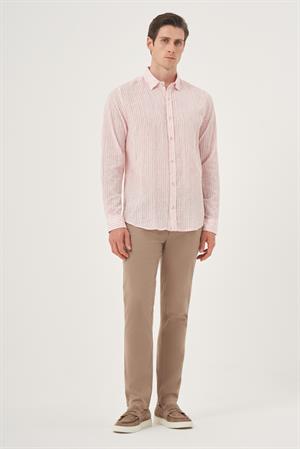 Morven Erkek Kırmızı Keten Trend Dynamic Fit Britli Yaka Gömlek