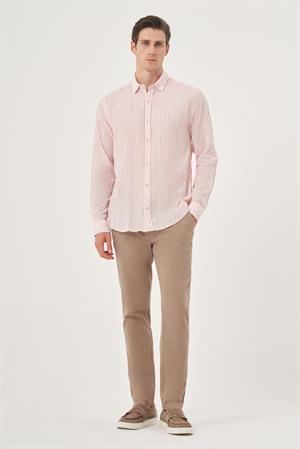 Morven Erkek Kırmızı Keten Trend Dynamic Fit Britli Yaka Gömlek