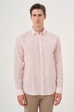 Morven Erkek Kırmızı Keten Trend Dynamic Fit Britli Yaka Gömlek