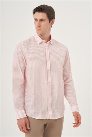 Morven Erkek Kırmızı Keten Trend Dynamic Fit Britli Yaka Gömlek