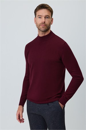 Morven Erkek Koyu Bordo Basic Yarım Balıkçı Yaka Dinamik Fit Triko