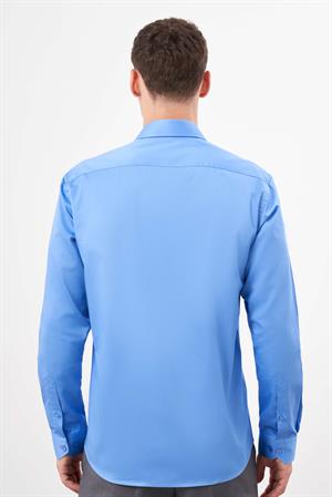 Morven Erkek Koyu Mavi Pamuk Düz Desen Sert Yaka Slim Fit  Gömlek