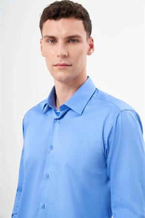 Morven Erkek Koyu Mavi Pamuk Düz Desen Sert Yaka Slim Fit  Gömlek