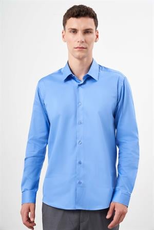 Morven Erkek Koyu Mavi Pamuk Düz Desen Sert Yaka Slim Fit  Gömlek