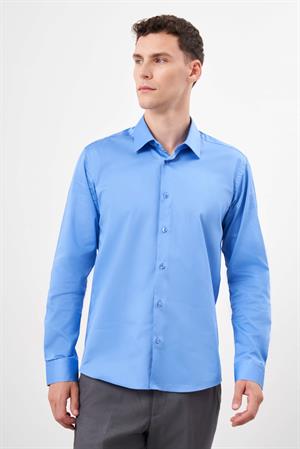 Morven Erkek Koyu Mavi Pamuk Düz Desen Sert Yaka Slim Fit  Gömlek
