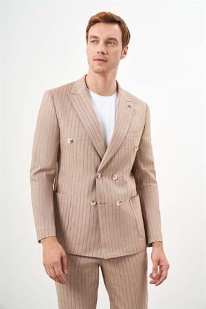 Morven Erkek Kremrengi Keten Trend Kruvaze Slim Fit Sivri Yaka Takım Elbise