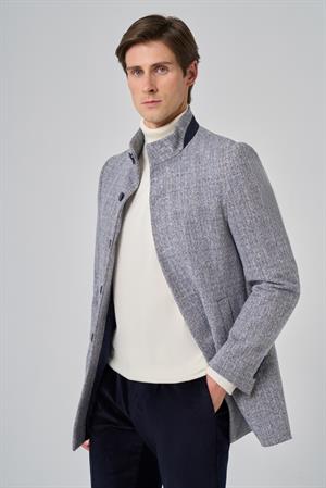 Morven Erkek Lacivert Balık Sırtı Desen Hakim Yaka Dynamic Fit Kaban