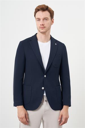 Morven Erkek Lacivert Dokuma Slim Fit Torba Cep Mono Yaka Spor Ceket