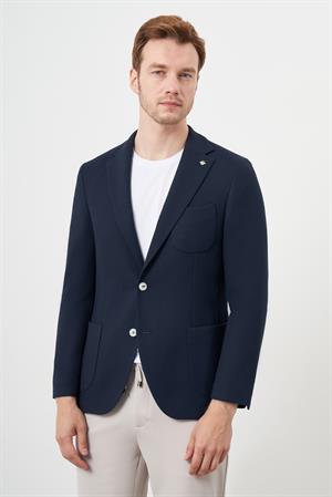 Morven Erkek Lacivert Dokuma Slim Fit Torba Cep Mono Yaka Spor Ceket