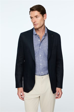 Morven Erkek Lacivert Dokuma Trend Düz Slim Fit Mono Yaka Ceket
