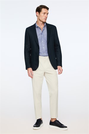 Morven Erkek Lacivert Dokuma Trend Düz Slim Fit Mono Yaka Ceket