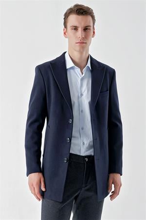 Morven Erkek Lacivert Düz Desen Düğmeli Sivri Yaka Dynamic Fit Kaşe Kaban