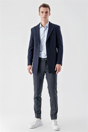 Morven Erkek Lacivert Düz Desen Düğmeli Sivri Yaka Dynamic Fit Kaşe Kaban