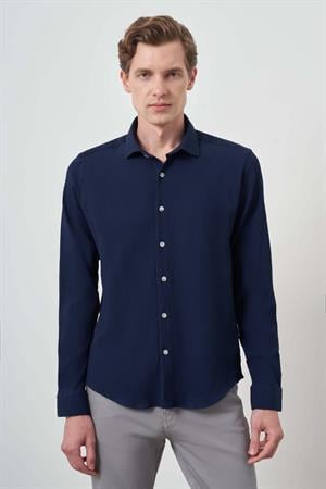Morven Erkek Lacivert Gofre Trend Desenli Dynamic Fit İtalyan Yaka Gömlek