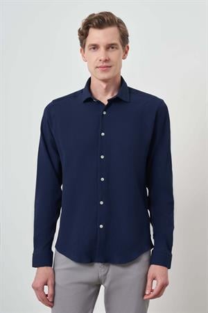 Morven Erkek Lacivert Gofre Trend Desenli Dynamic Fit İtalyan Yaka Gömlek