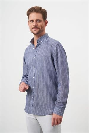 Morven Erkek Lacivert Keten Çizgili Düğmeli Yaka Regular Fit Gömlek