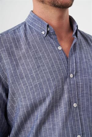 Morven Erkek Lacivert Keten Çizgili Düğmeli Yaka Regular Fit Gömlek