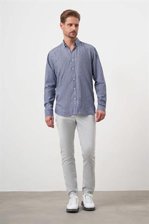Morven Erkek Lacivert Keten Çizgili Düğmeli Yaka Regular Fit Gömlek