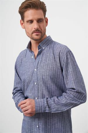 Morven Erkek Lacivert Keten Çizgili Düğmeli Yaka Regular Fit Gömlek
