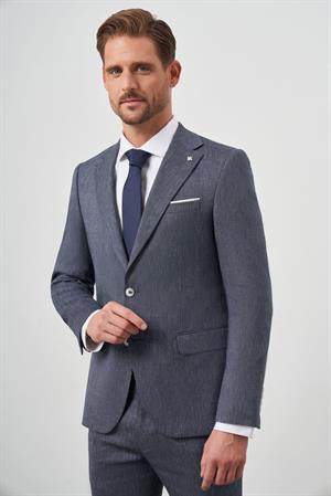 Morven Erkek Lacivert Keten Desenli Slim Fit Takım Elbise