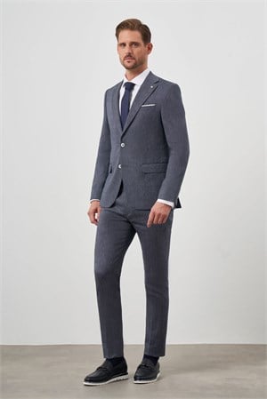 Morven Erkek Lacivert Keten Desenli Slim Fit Takım Elbise