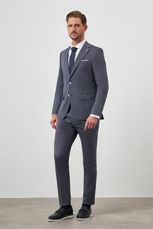 Morven Erkek Lacivert Keten Desenli Slim Fit Takım Elbise
