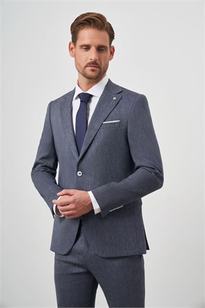 Morven Erkek Lacivert Keten Desenli Slim Fit Takım Elbise