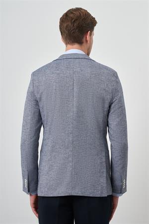 Morven Erkek Lacivert Keten Dokuma Slim Fit Mono Yaka Ceket