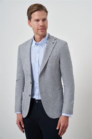 Morven Erkek Lacivert Keten Dokuma Slim Fit Mono Yaka Ceket