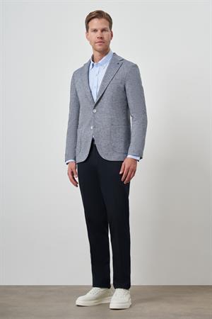 Morven Erkek Lacivert Keten Dokuma Slim Fit Mono Yaka Ceket