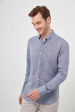 Morven Erkek Lacivert Keten Düğmeli Yaka Regular Fit Gömlek