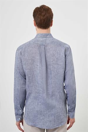 Morven Erkek Lacivert Keten Düğmeli Yaka Regular Fit Gömlek