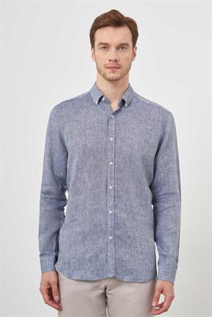 Morven Erkek Lacivert Keten Düğmeli Yaka Regular Fit Gömlek