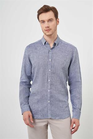 Morven Erkek Lacivert Keten Düğmeli Yaka Regular Fit Gömlek