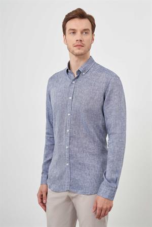Morven Erkek Lacivert Keten Düğmeli Yaka Regular Fit Gömlek