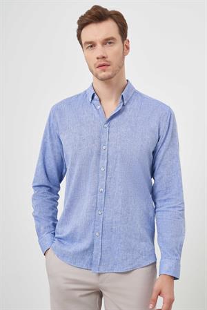 Morven Erkek Lacivert Keten Düz Desen Düğmeli Yaka Slim Fit Gömlek