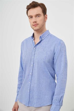 Morven Erkek Lacivert Keten Düz Desen Düğmeli Yaka Slim Fit Gömlek